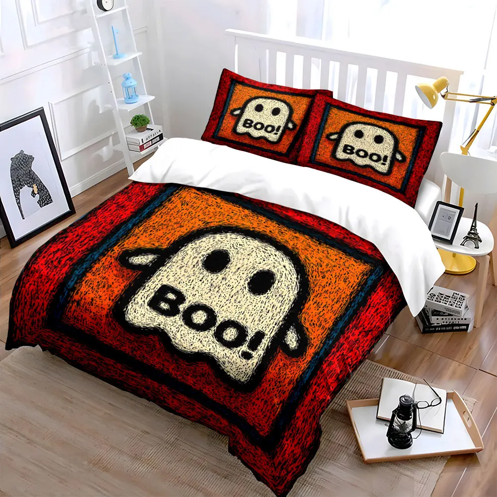 Cute ghost with red border Printed Duvet Cover Set 1 Duvet Cover+2 Pillowcase Multi Size Bedroom Bedding Decor Luxury Gift