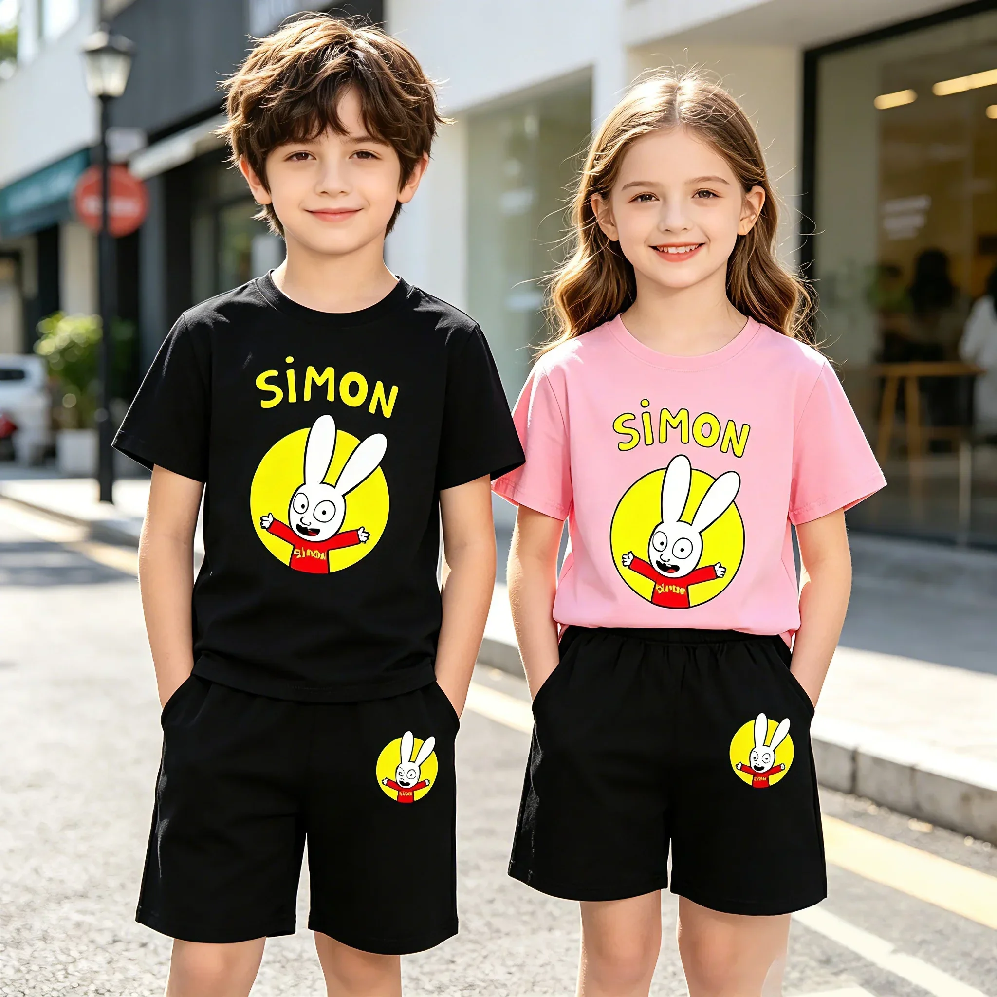 2026 New Kids Cartoon Rabbit Simon 2Pcs Sportsuits 2-13Y Boys Girls Summer Casual O-neck Short Sleeve Tees+Short Pants Soft Brea