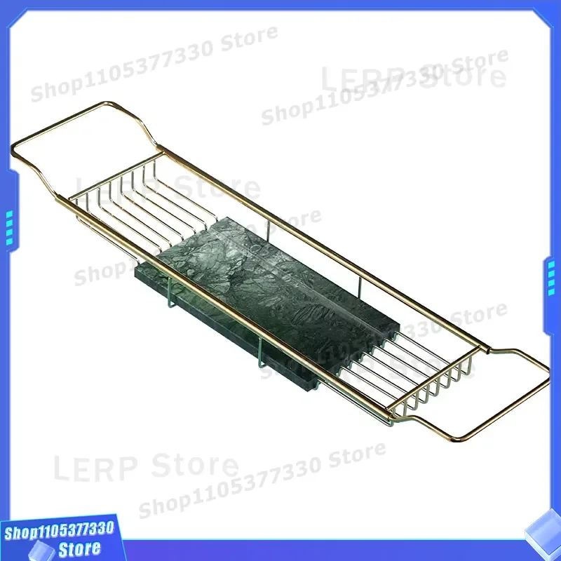 Retractable Stainless Steel Bath Tray with Natural Marble Non Slip Shelf Extended Side Table Organizer for Bathroom Storage