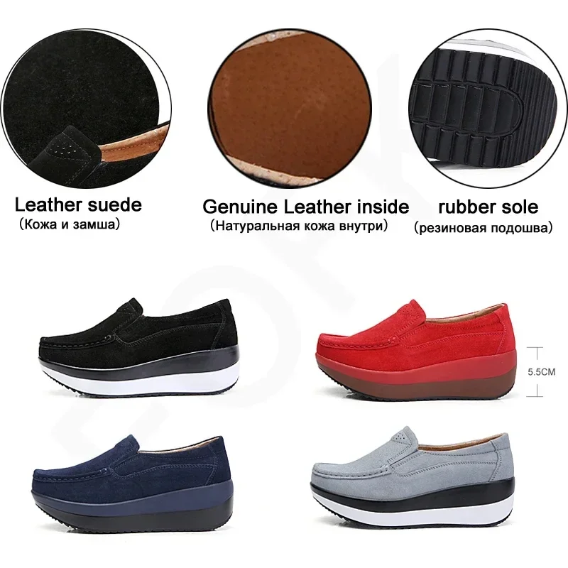 Platform Flat Shoes for Women New Thick Sole Women Loafers Suede Leather Footwear Comfort Wedge Moccasins Slip on Casual Shoes