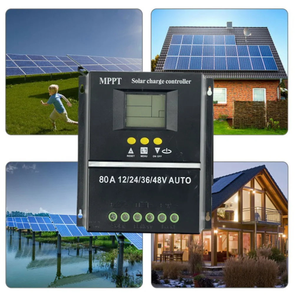 80A MPPT/PWM Solar Charge Controller 12V/24V/36V/48V Auto Controller Tools Solar PV Battery Charger with LCD & Dual USB