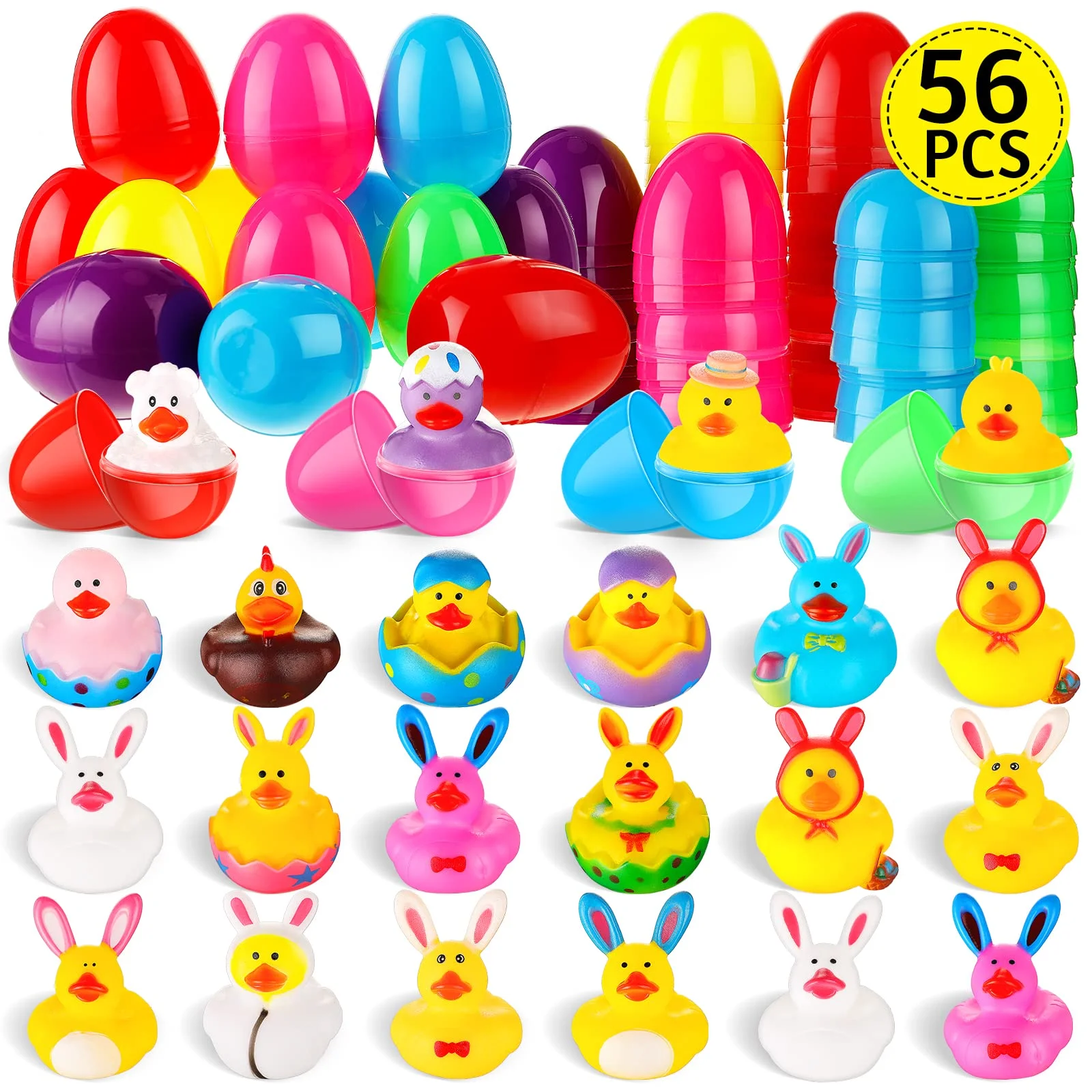 56Sets Easter Eggs Filled with Rubber Duck, Plastic Egg Prefilled with Assorted Rubber Duck Multicolor Bunny Small Duck for Bath