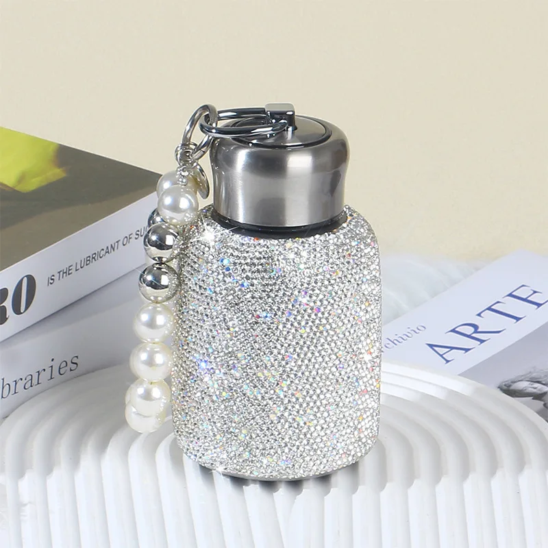 Bling Big Belly Vacuum Flask for Women Portable Water Bottle Chain Pearl Stainless Steel Travel Compact Mug Kettle Gifts