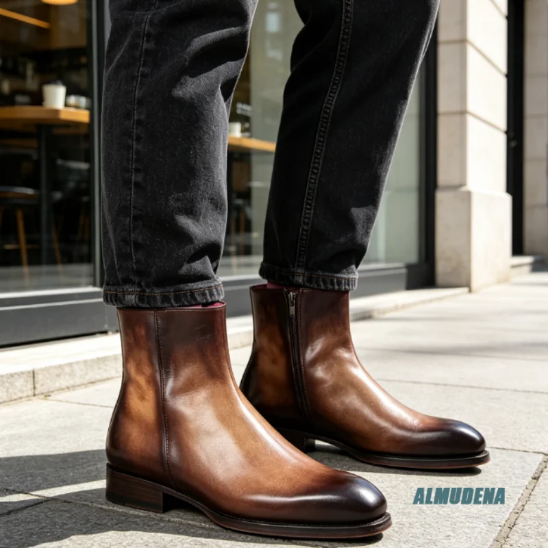 

Brown Gradient Polished Leather Chelsea Boots Men Fashion Hidden Side Zipper Spring Autumn New Comfortable Formal Ankle Boots