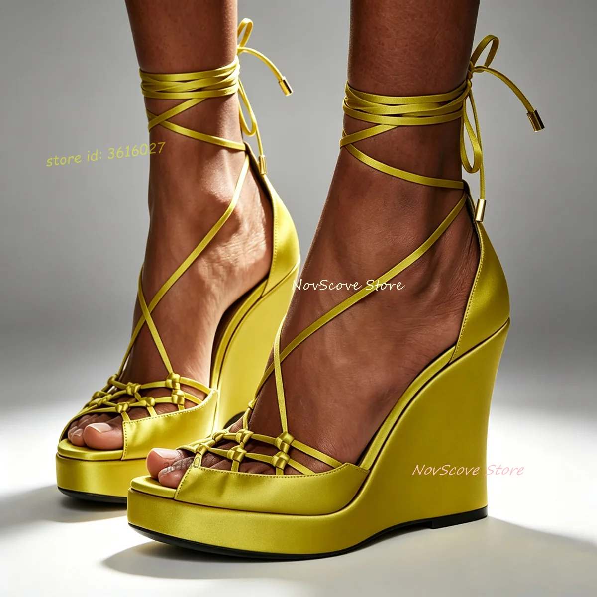 Peep Toe Wedges Sandals Knot Cutouts Upper Peep Toe Ankle Lace Up Platform Summer Sexy Women Party Single Shoes Rubber Sole