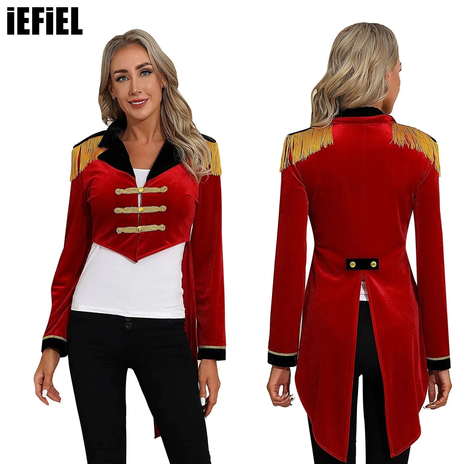 

Womens Circus Ringmaster Tailcoat Cosplay Show Velvet Coat Stage Performance Costume Color Block Lapel Long Sleeve Coat