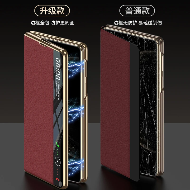 Plating Frame Genuine Leather Wallet Phone Case For HUAWEI Mate X6 Smart Dormancy View Windows Cover With Built-in Magnetic Ring
