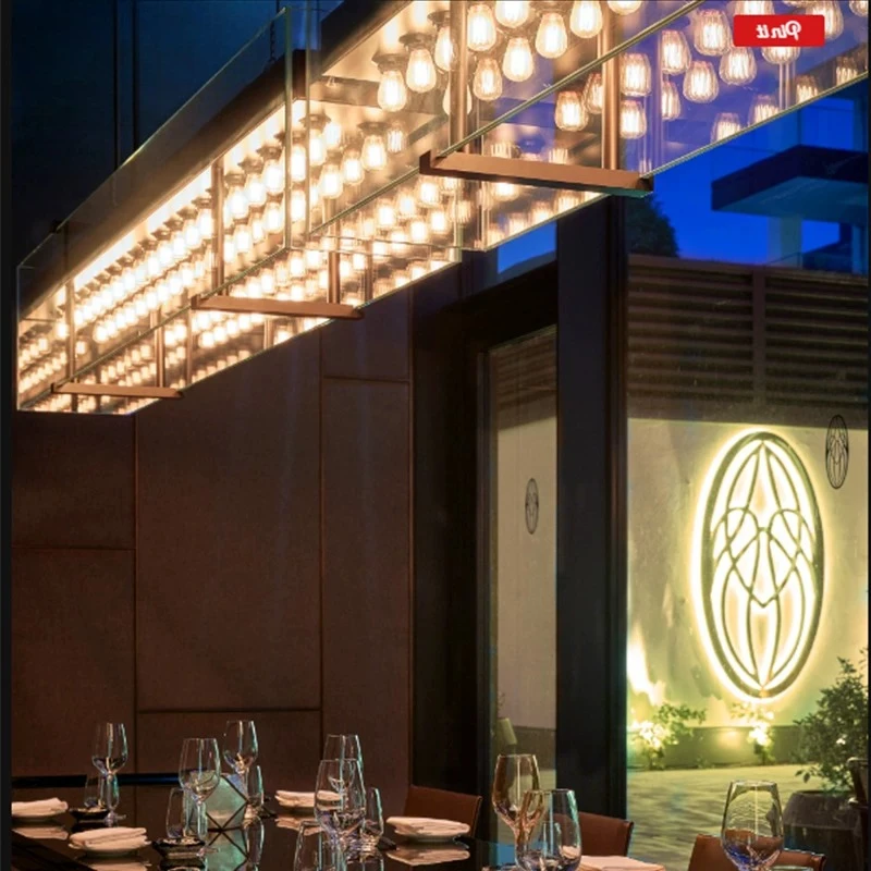 Modern Rectangular Glass Box Linear Chandelier Industrial Multi Bulb Pendant Light for Dining Room Kitchen Island Restaurant