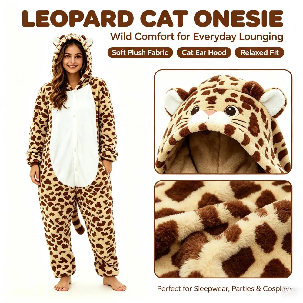 Women Men Leopard Kigurumi Pajamas One Piece Hooded Jumpsuits Adult Flannel Winter Warm Homewear Nightwear Overalls Adult Onesie