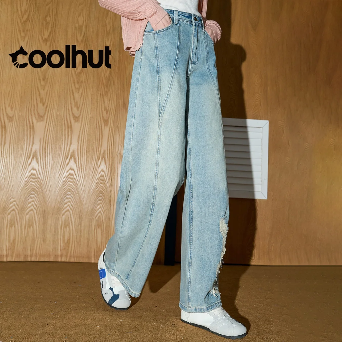 

COOLHUT Autumn High Waist Straight Leg Ripped Denim Pants Women Vintage Distressed Narrow Bootcut Jeans with Deconstructed Hem