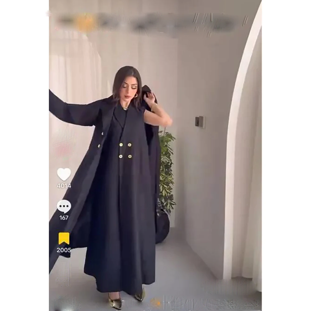 Black Sleeveless Women Long Jacket Double Breasted Female Daily Coat Formal Ankle Length Blazer Arabic Robe