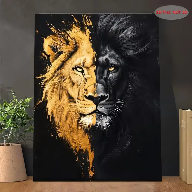 Half Gold & Black Lion Split Metal Tin Painting - Modern Wall Art for Home, Living Room, Office | Iron, Bold Design, Perfect for