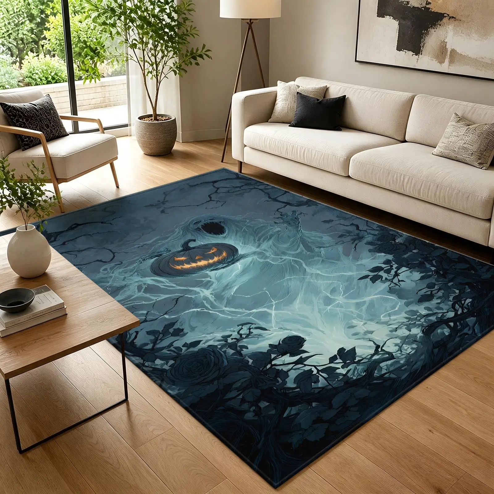 1pc Misty Ghost Pumpkin Halloween Area Rug, 2D Flat Print, Indoor Floor Mat for Living Room, Holiday Home Decor