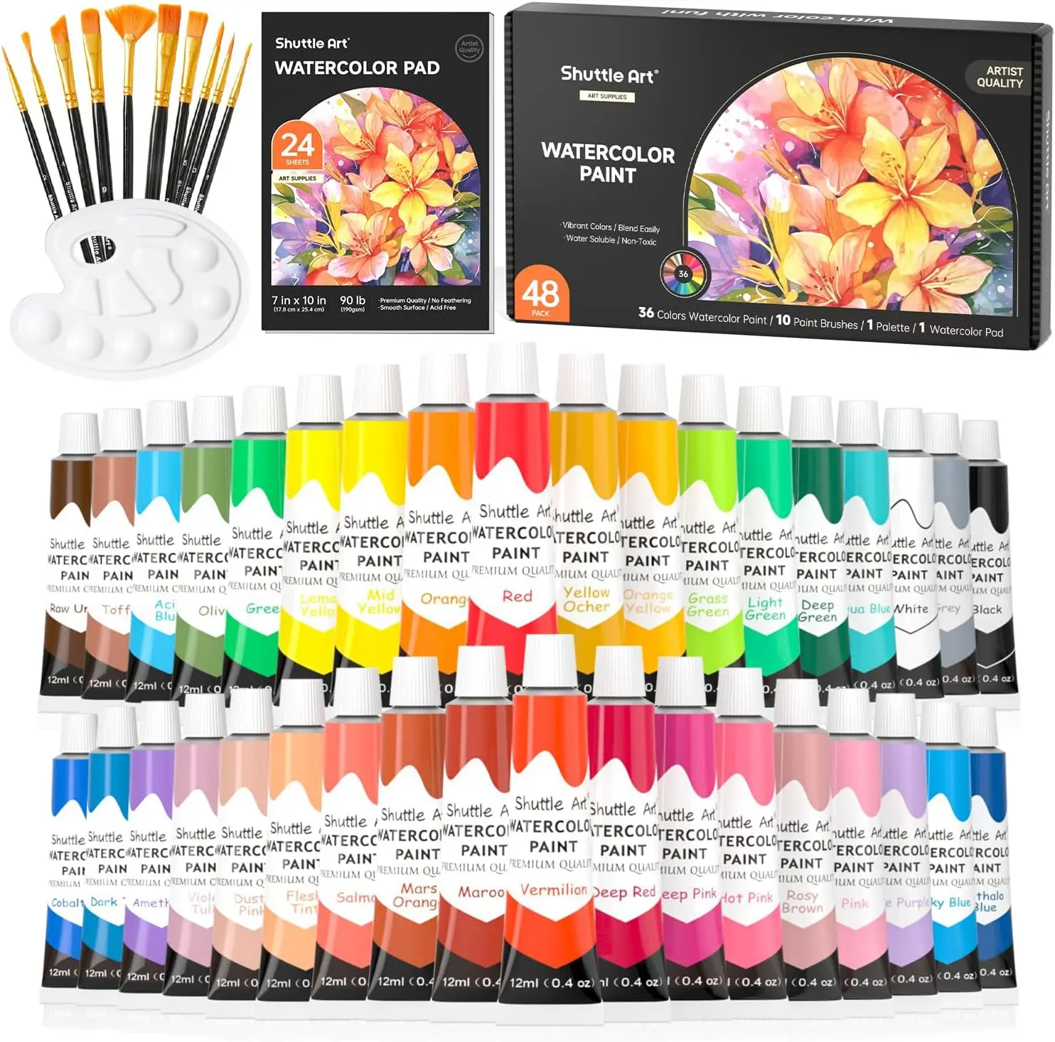 

48-Pack Watercolor Paint Set with 36 Colors, Brushes, Pad & Palette for Artists and Beginners