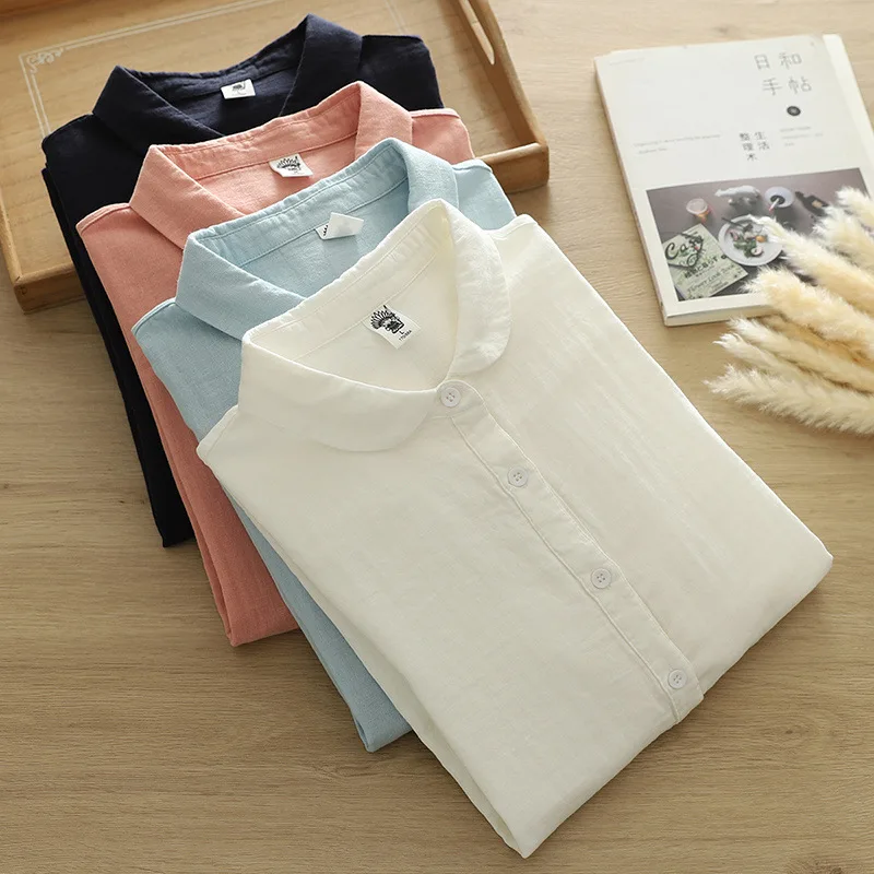New Autumn Double-layer Cotton Yarn Solid Shirt Women Japan Style Loose Long Sleeve Top Girl Office Lady Work Wear Tops