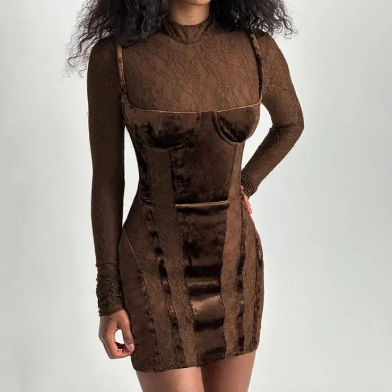 

Women Sexy See Through Lace Patchwork Velvet Mini Dress 2024 Autumn Turtleneck Long Sleeve Bodycon Club Party Outfits Streetwear