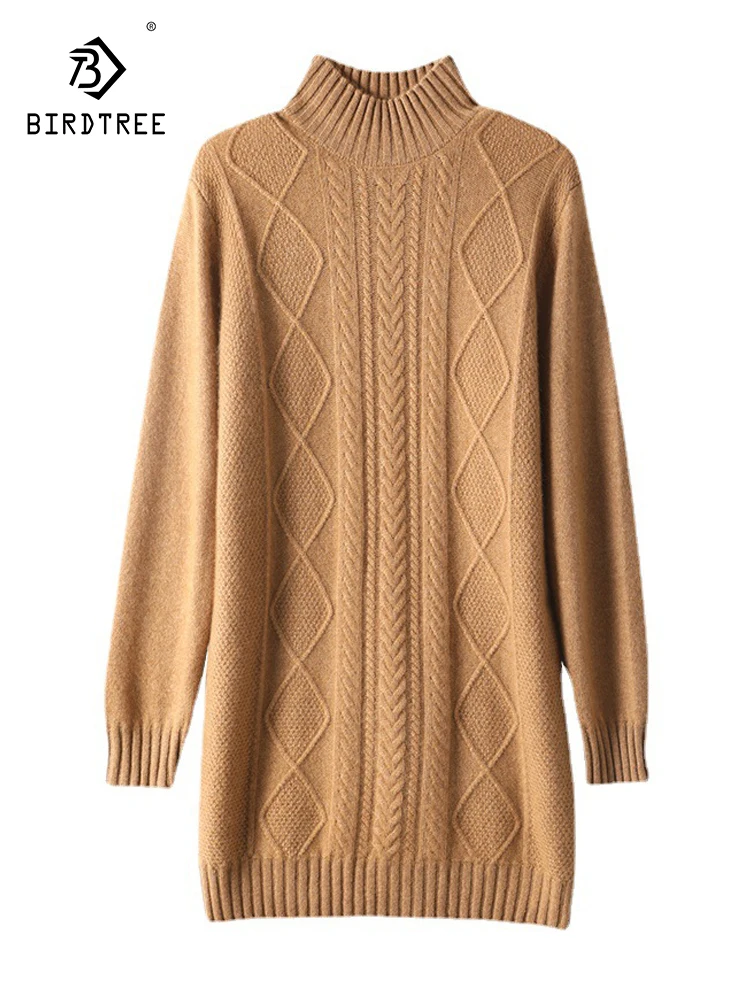 

Birdtree 100% Cashmere Autumn Winter Half High Neck Dress Women's Elegant Medium Length Knit Wrapped Hip Sweater Dress D39304QC