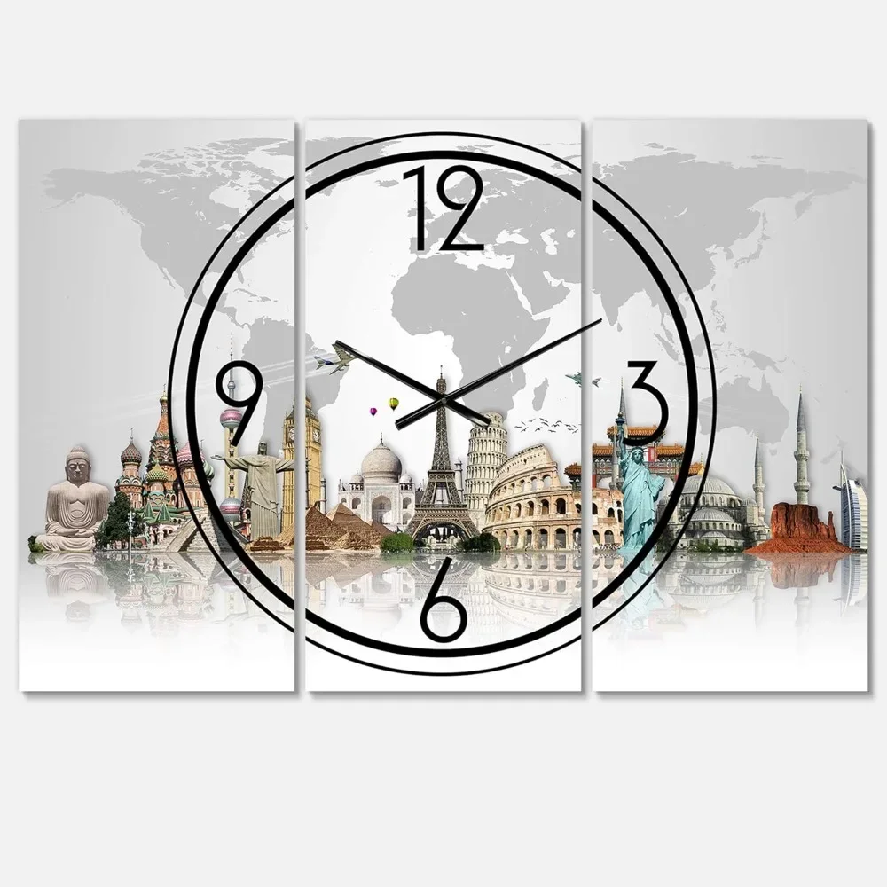 

Famous Monuments Across World Wall Art Design Modern 3 Panel Wall Decorative Clock - Home Decorations for Home, Living Room