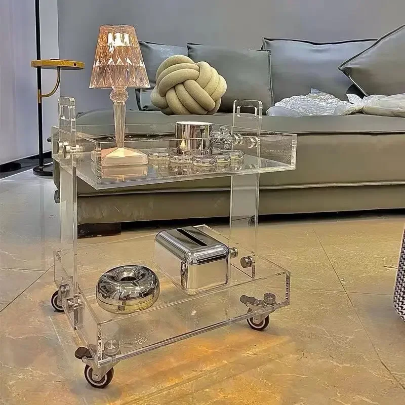 Acrylic Transparent Angle Side Table 2-layer Storage Trolley Shelf Sofa Bedside Movable Silent Universal Wheel Simple Snacks Ins