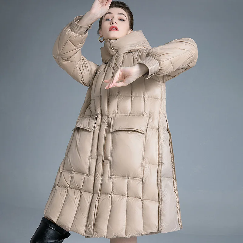 

Winter New Loose White Duck Down Coat for Women Medium Long Warm Outdoor Trekking Walking Travel Parka Tooling Clothing