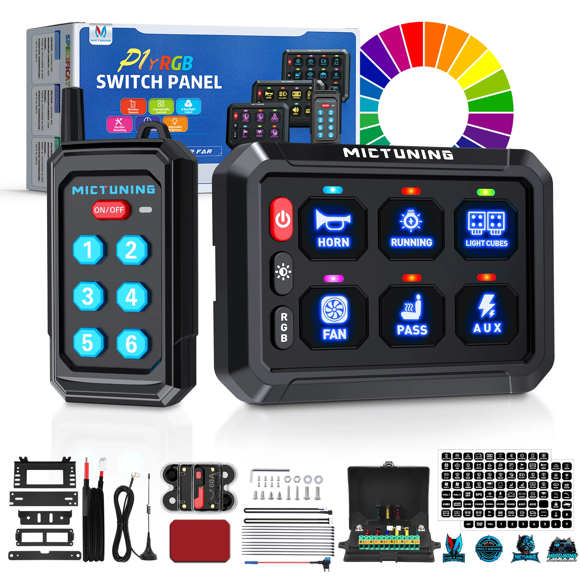 

12-24V 6 Gang RGB Switch Panel with Wireless Remote Control, Toggle Switch Momentary Circuit Control Relay System for Truck RV