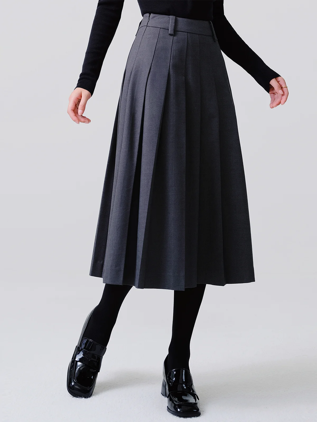 

High Waist A-Line Pleated Skirt Thiened Wool Blend Slimming Mid-Length Commute Sle Pure Color Polyester Fabric