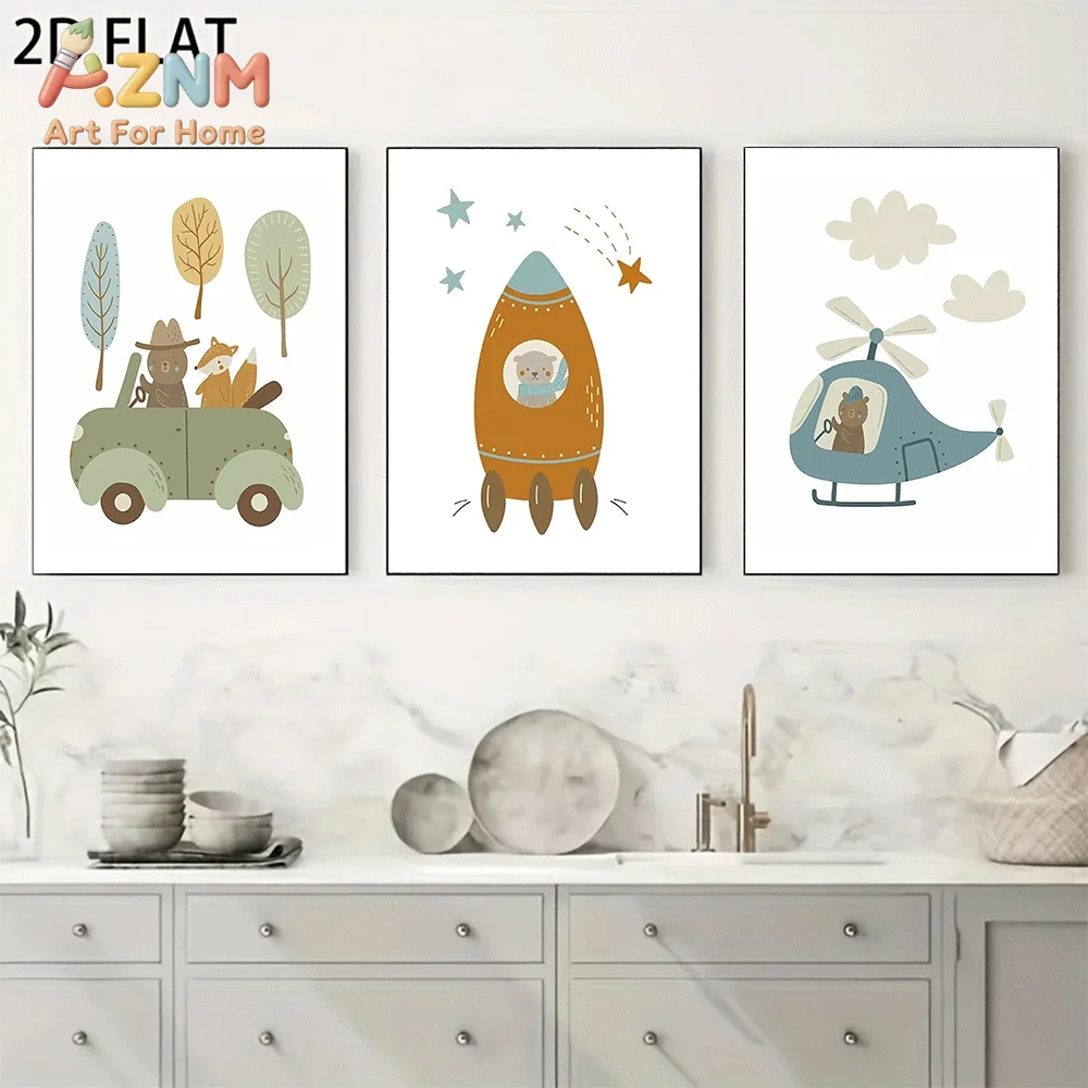 AZNM Cartoon Animal Car Rocket Helicopter Star Canvas Wall Art, Bear Fox Forest Transportation Space Theme Print Painting for Ba