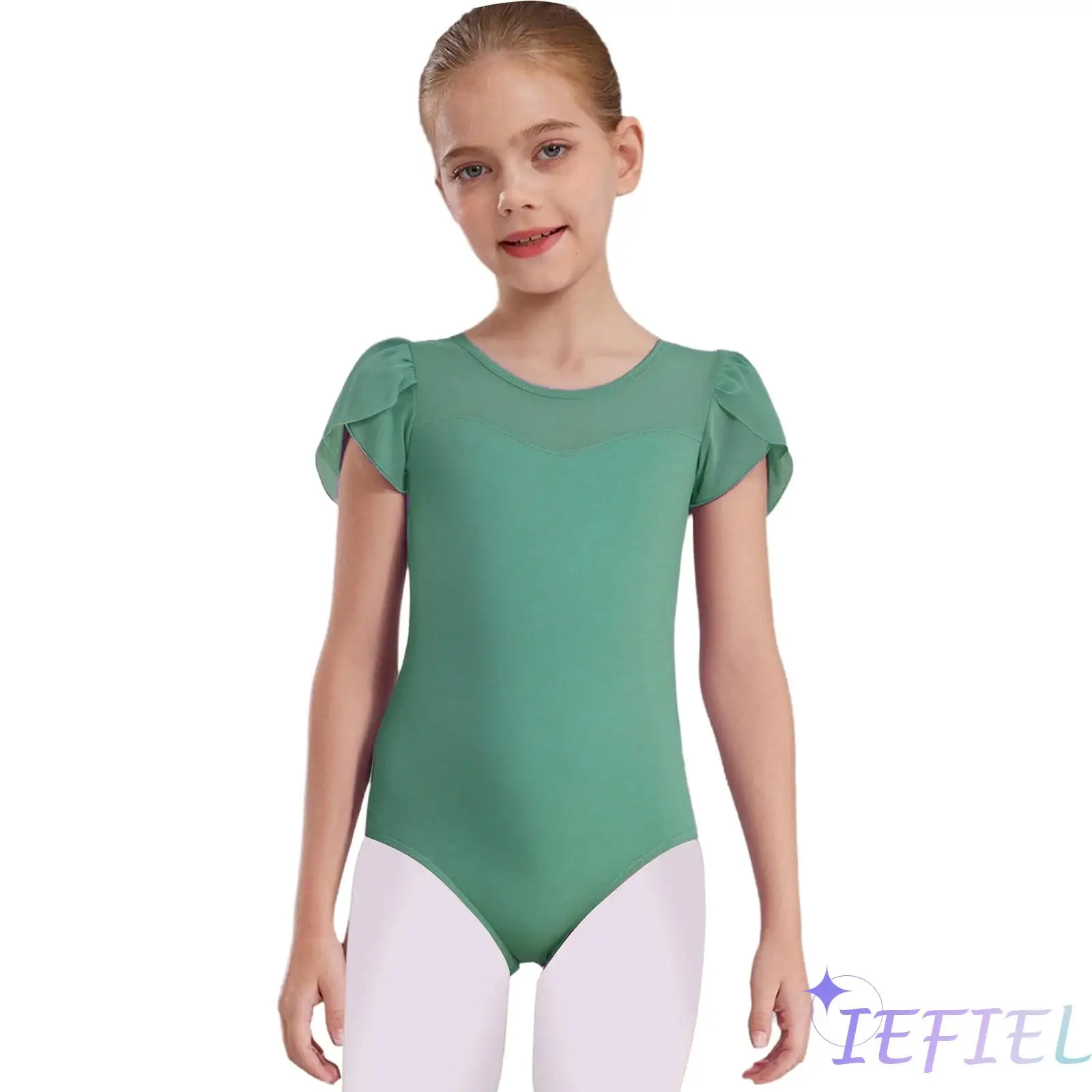 

Kids Girls Ballet Dance Practice Performance Costume Round Neck Short Petal Sleeves Sheer Mesh Patchwork Gymnastics Leotard
