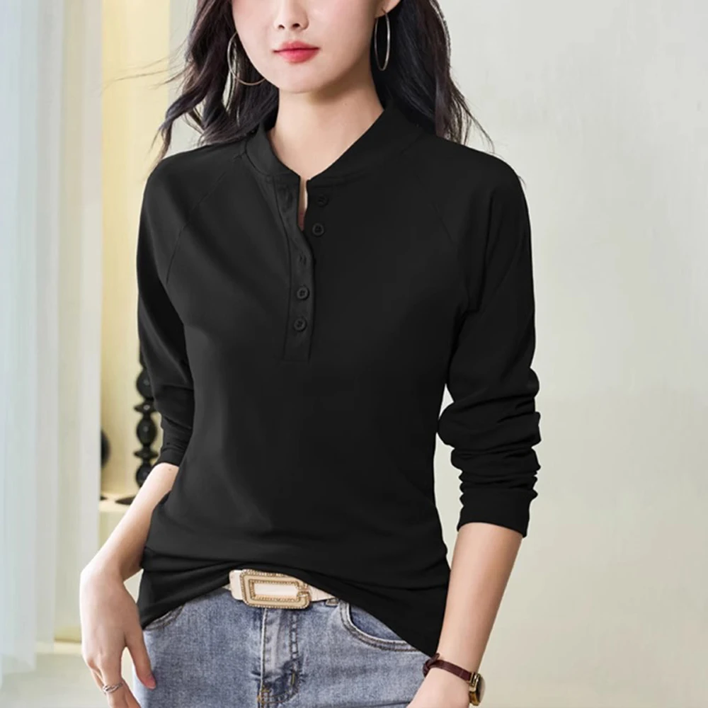 Korean version pure cotton long sleeved T-shirt for women's autumn new high-end fashion plus size casual stand up collar top