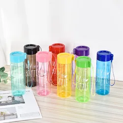 500ML Water Bottle Transparent Square Plastic Drink Cup Outdoor Cold Juice Milk Sport Bottle with Portable Rope Leakproof