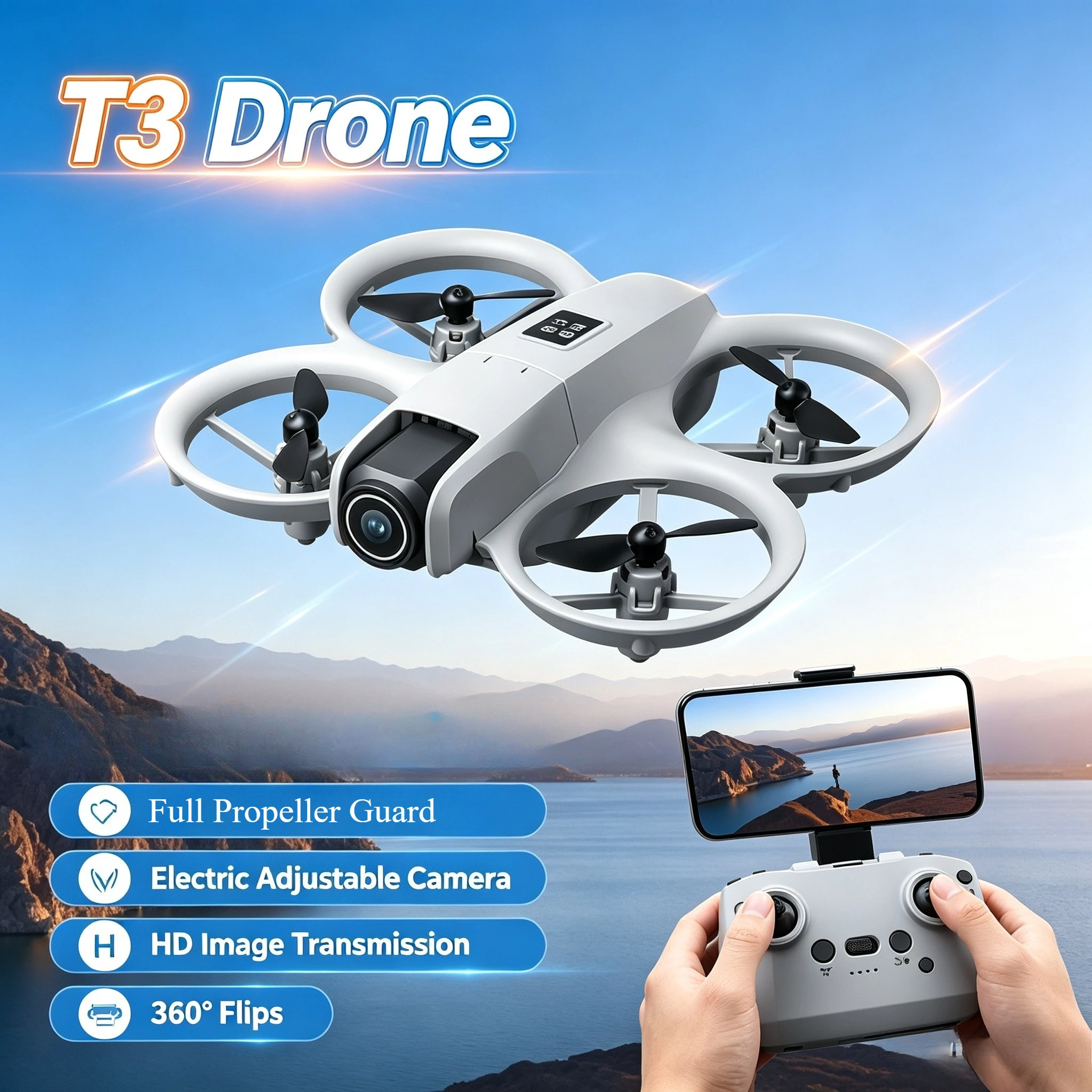 NEW T3  Drone with Full Propeller Guard Electric Adjustable Camera WiFi HD FPV Image Transfer 360° Flip RC Aerial Toy Drone