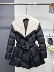 MENINA BONITA 2022 Fashion Real Fur Coat Natural Mink Fur Collar Thick Warm Goose Down Jacket Belt Outerwear Winter Jacket New