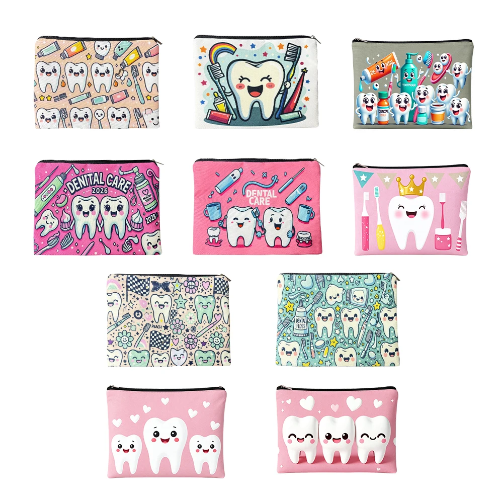 Cute Dental Tooth Print Makeup Bag, Canvas Travel Toiletry Pouch, Multi-Purpose Pen Case Gift Zipper handbag