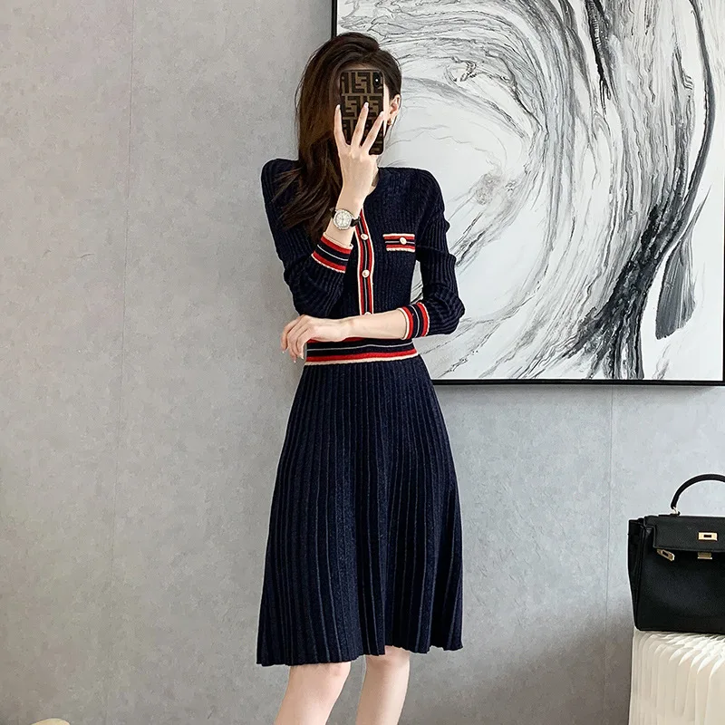 2024Fashion Knit Dress Women Autumn Ribbed Contrast Long Sleeve High Waist Lapel Gown Dress Knitwear Ladies Maxi Dress R91