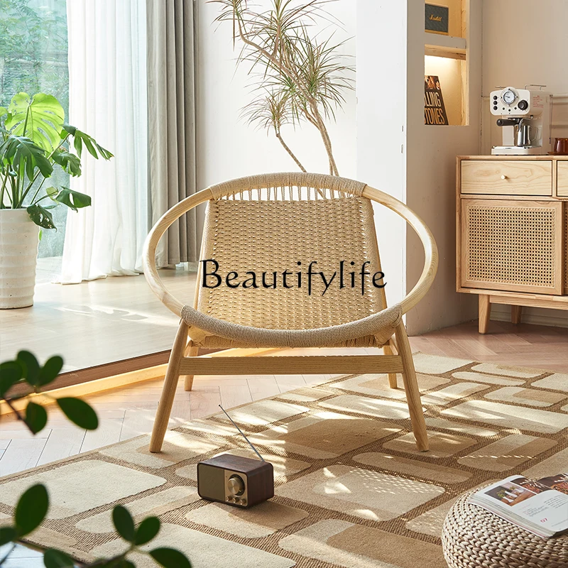 Ji Ji Feng Solid Wood Sofa Chair Hemp Rope Woven Leisure Chair