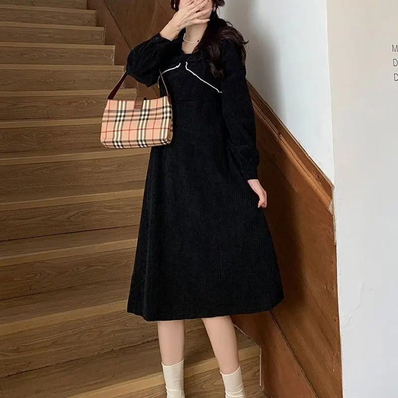 Corduroy Stylish Bow Beading Dresses Female Clothing French Style A-Line Waist Autumn Winter Vintage Elegant V-Neck Midi Dress