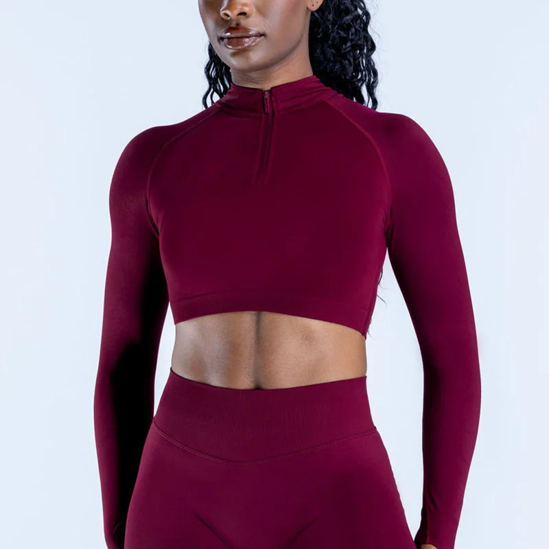 Half Zipper Long Sleeve Crop Top Woman Gym Workout Running Fitness Yoga Tops Women Short Coat Pullover Slim Sport Clothes