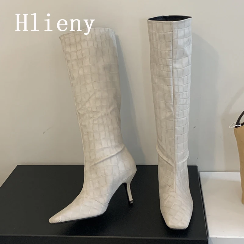 

Hlieny/Осенне-зимние пикантные женские сапоги до колена в уличном стиле с каменным узором, повседневная обувь на тонком высоком каблуке для вечеринок, длинные Botas Mujer