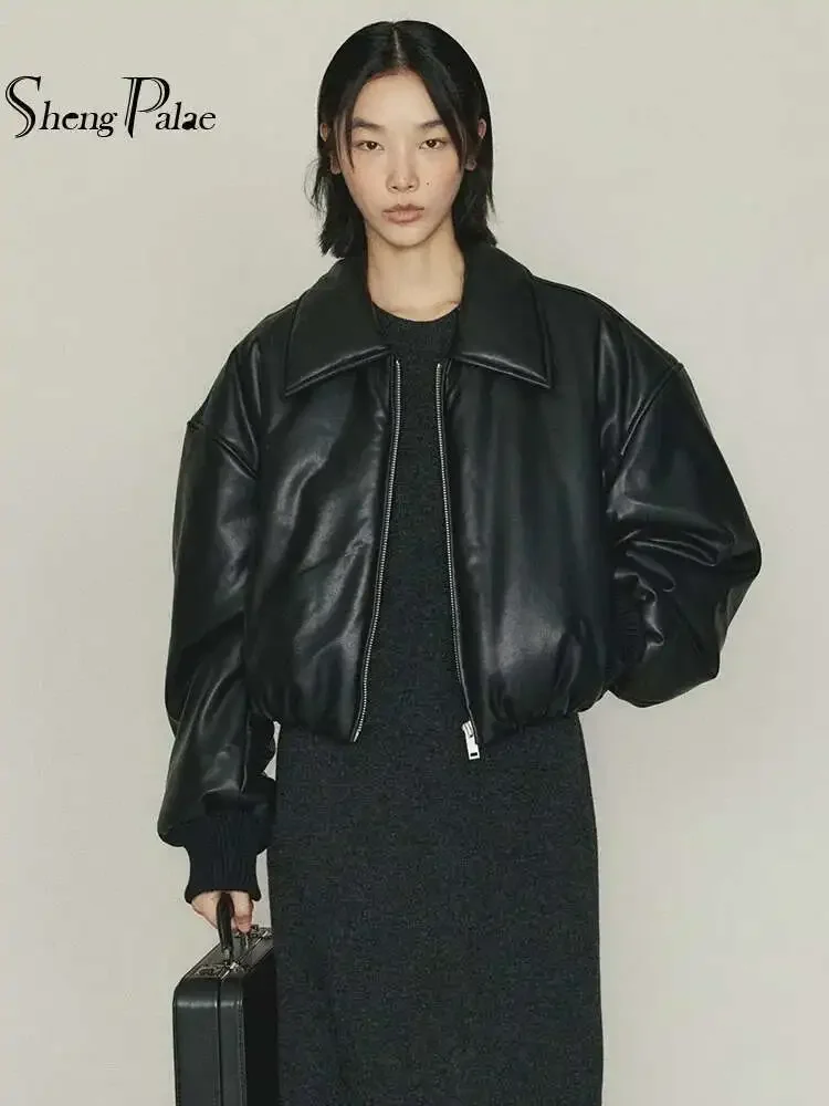 

Women's Fashion 2025 Autumn Winter New Clothes Solid Color Leather Thicken Warm Female Short Cotton Jacket