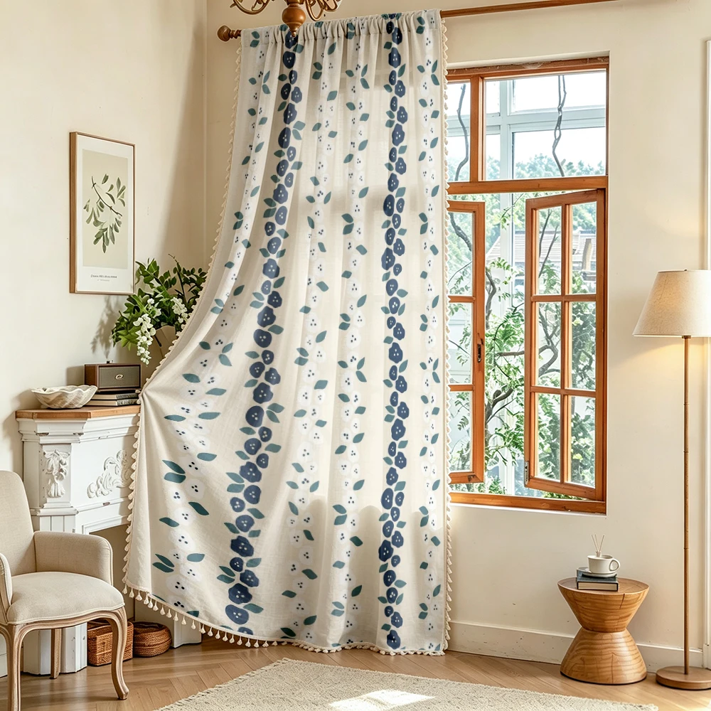 1PC Floral Tassel Sheer Curtains, Blue Green Flower Vine, Digital Print, Linen Polyester, Bedroom Living Room, Home Decor