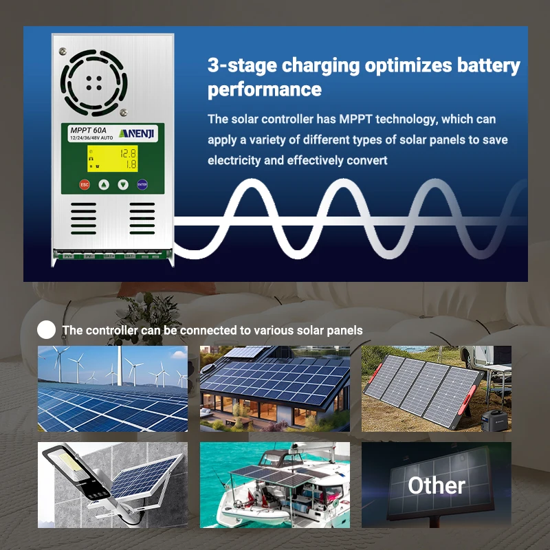 

60A Solar Charge Controller 12V 24V 36V 48V Auto MPPT Solar Charging Controller Max PV 180 Voc With LCD Solar Panel