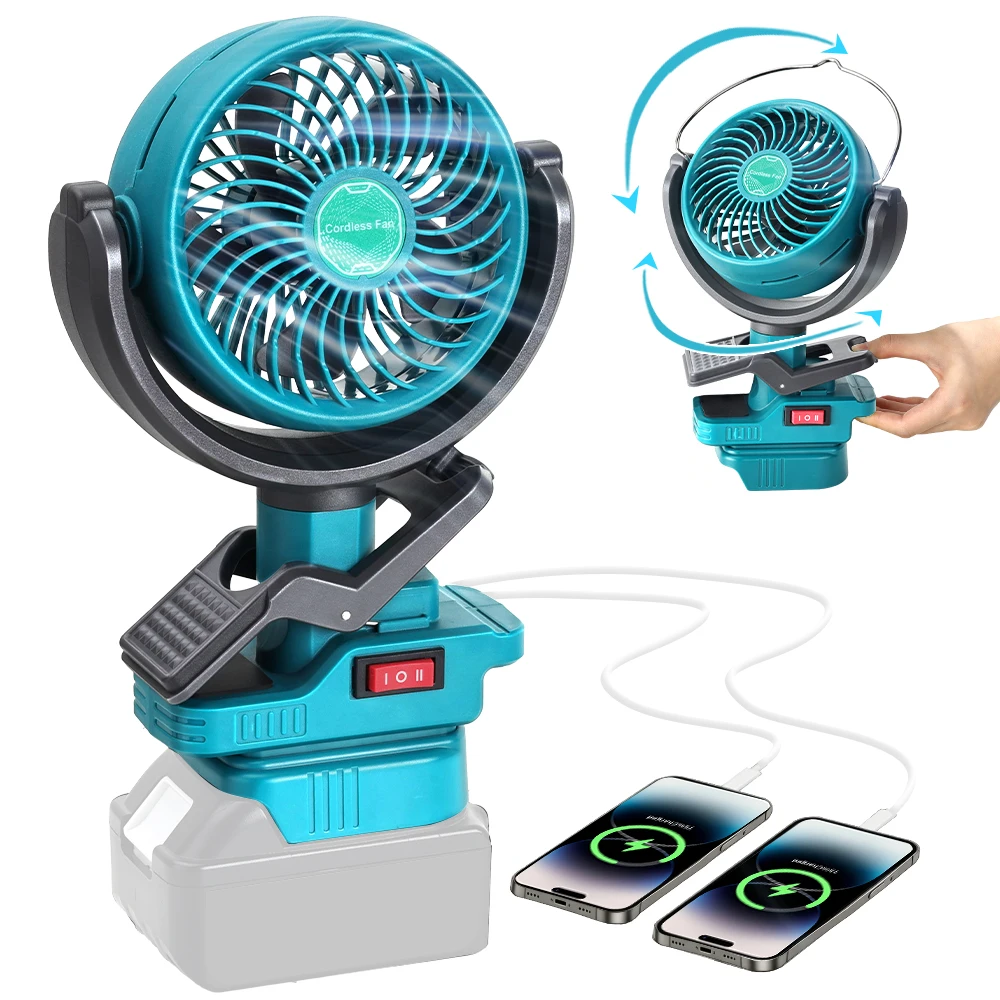 Portable Clip Fan for Makita 18v Battery, Oscillating Battery Powered Fan with Dual USB C harging for Camping,Picnic and Job Sit