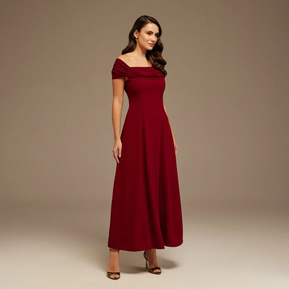 

Customized Crepe Evening Dresses Elegant Party Gown Formal Off Shoulder Ruched Burgundy Cocktail Prom Gowns فساتين سهرة