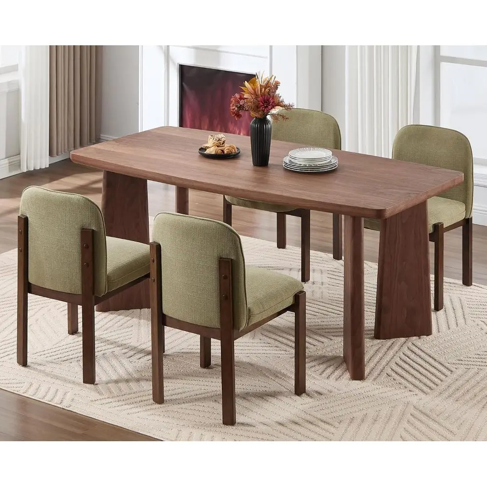 

Набор из 4-х современных обеденных стульев с льняной обивкой и ножками из орехового дерева, зеленого цвета, подходит для кухонь и кафетеров в фермерском стиле.