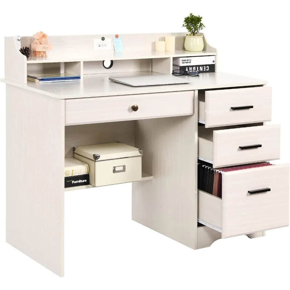 

White Home Office Desk with 4 Drawers & Hutch, Computer Table for Bedroom, Off-White