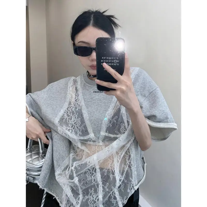 

American Sense Of Design Women'S Spliced Perspective Lace T-Shirt 2024 Spring Trendy New Round Neck Short Sleeves Tops Female