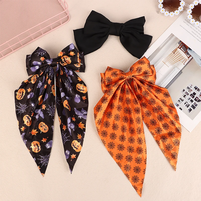 Halloween Bow Tie Hair Clip Fabric Print Ghost Spider Web Pumpkin Streamer Spring Clip Hairpin Party Hair Accessories