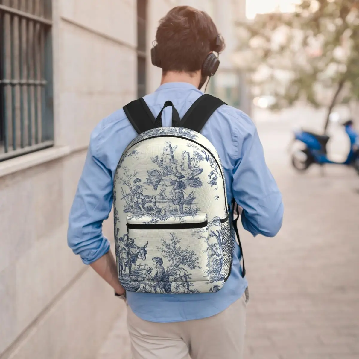 Powder Blue French Toile Picnic Design Student Backpack School Bag Hiking Travel Daypack for Boys Girls Bookbag Shoulder Bags
