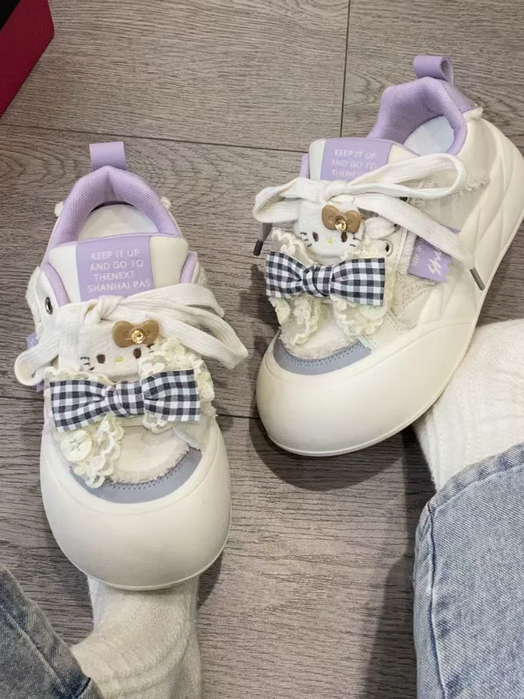 

Новые кроссовки Sanrio Hello Kitty, женские всесезонные кроссовки на шнуровке, повседневная обувь для подростков, спортивная обувь для девочек, туфли на толстой доске