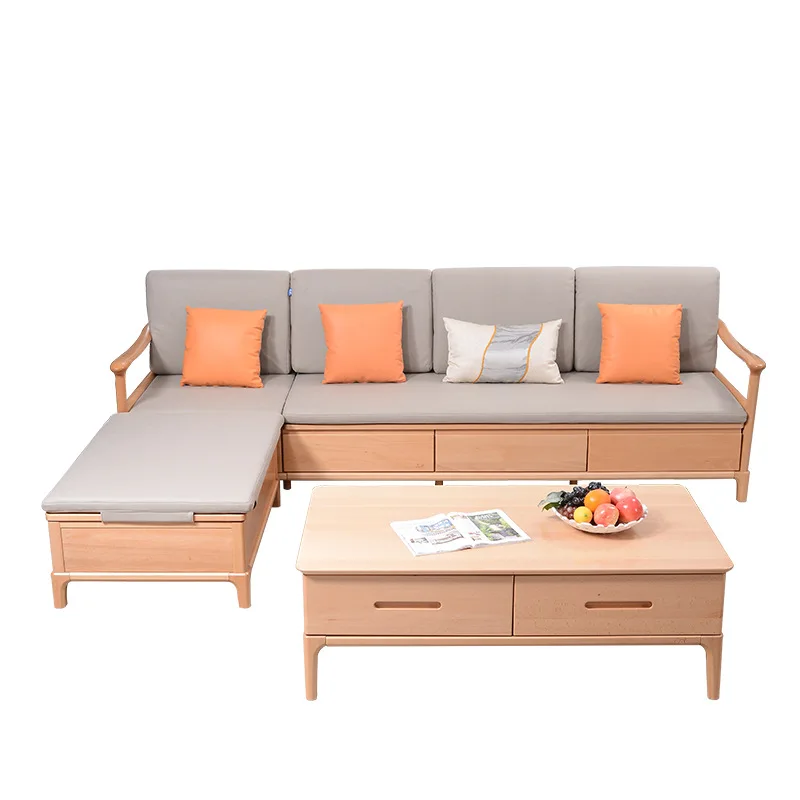 

Диван из цельного бука для гостиной с ящиками для хранения, новый, в китайском стиле, из массива дерева и ткани.